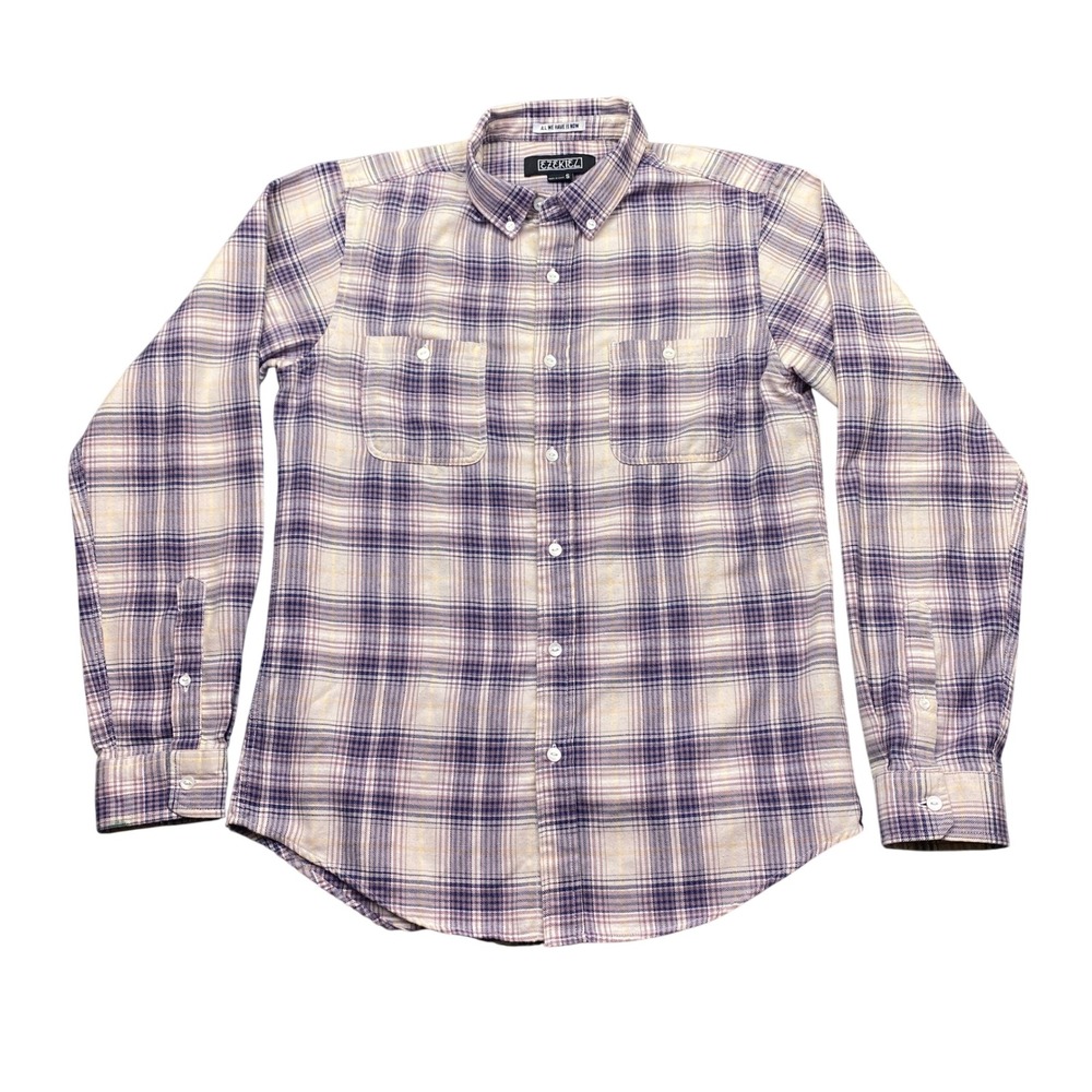 Ezekiel Mens Purple Tan Plaid Long Sleeve Button Down Flannel Shirt S EL192050F